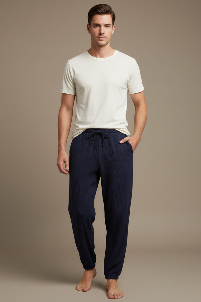 Pantalon Fluide Bleu Marine Coton Côtelé Ample Homme - Cordé