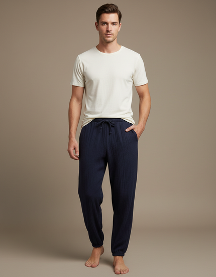 Pantalon Fluide Bleu Marine Coton Côtelé Ample Homme - Cordé