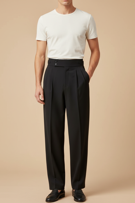 Pantalon Fluide Homme Noir Taille Haute Plissé Elégant - Polyester