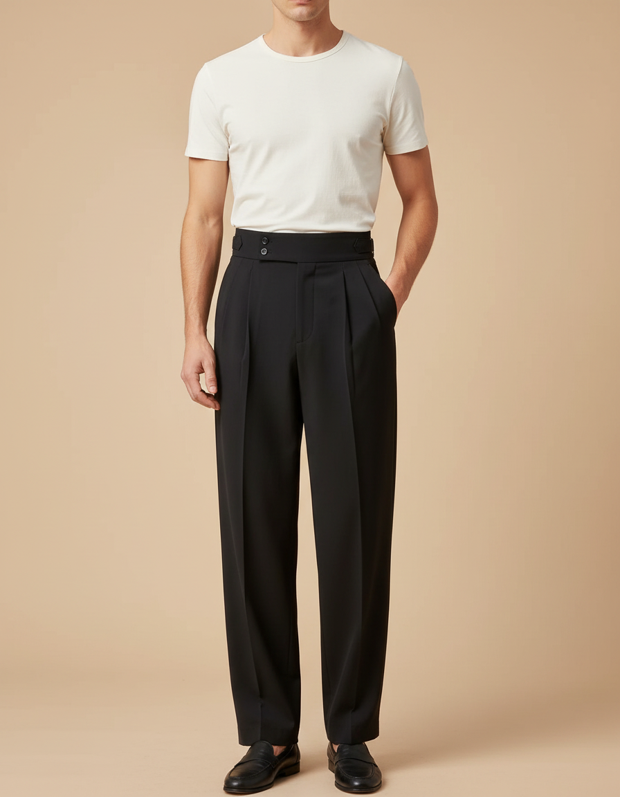 Pantalon Fluide Homme Noir Taille Haute Plissé Elégant - Polyester