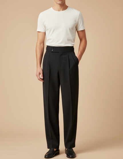Pantalon Fluide Homme Noir Taille Haute Plissé Elégant - Polyester