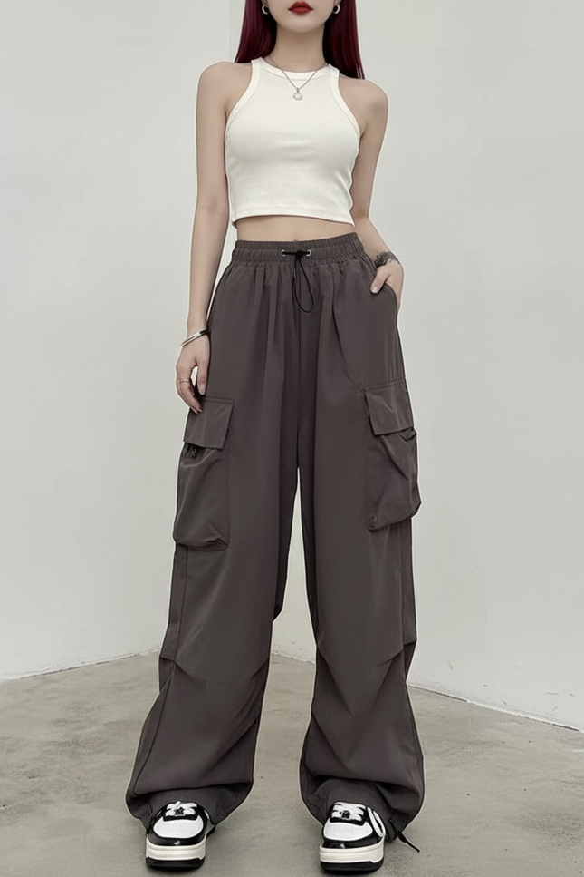 Pantalon Fluide Cargo Gris Ample Décontracté Streetwear - Polyester