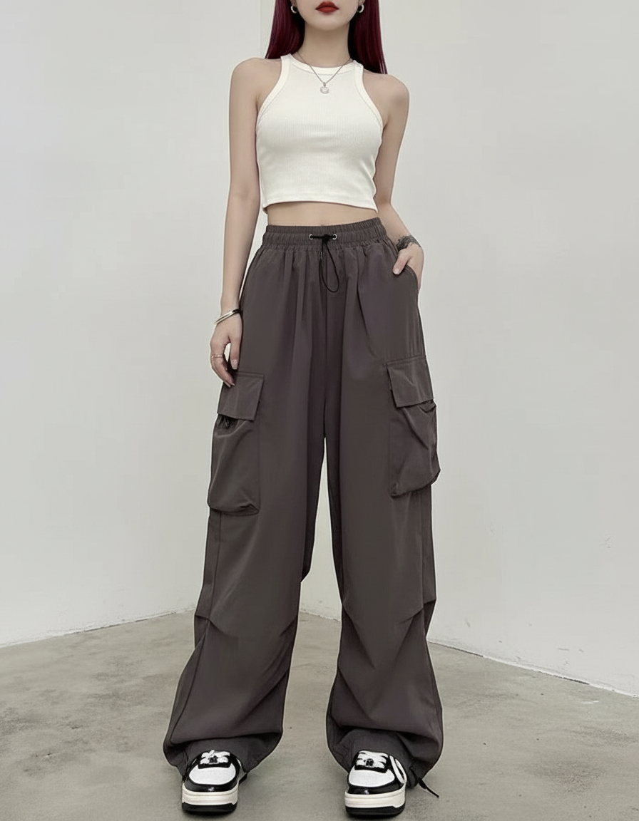 Pantalon Fluide Cargo Gris Ample Décontracté Streetwear - Polyester