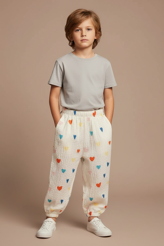 Pantalon Fluide Écru Cœurs Colorés Léger Enfant - Multicolore Coton