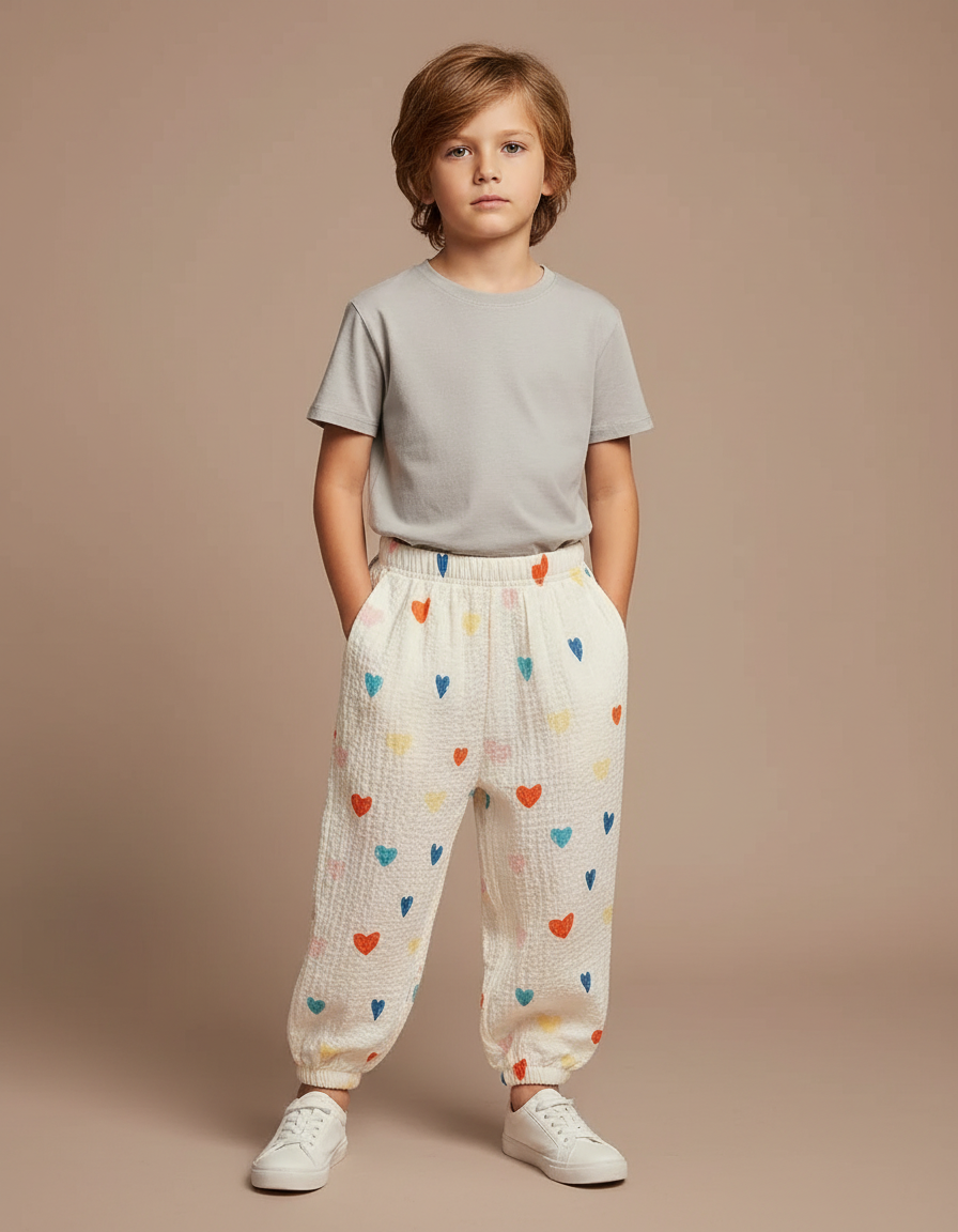 Pantalon Fluide Écru Cœurs Colorés Léger Enfant - Multicolore Coton