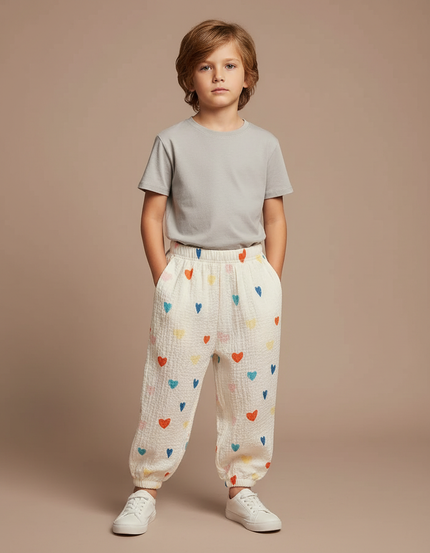 Pantalon Fluide Écru Cœurs Colorés Léger Enfant - Multicolore Coton