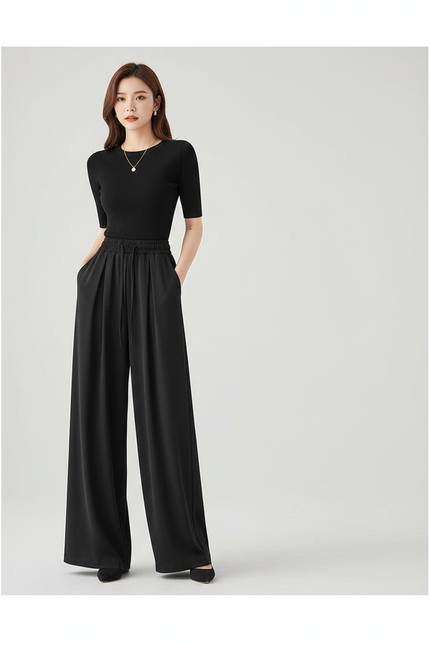 Pantalon Fluide Femme Noir Palazzo Polyester Chic