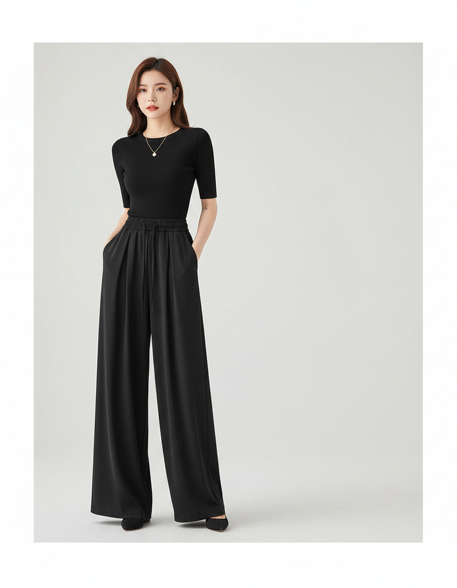 Pantalon Fluide Femme Noir Palazzo Polyester Chic