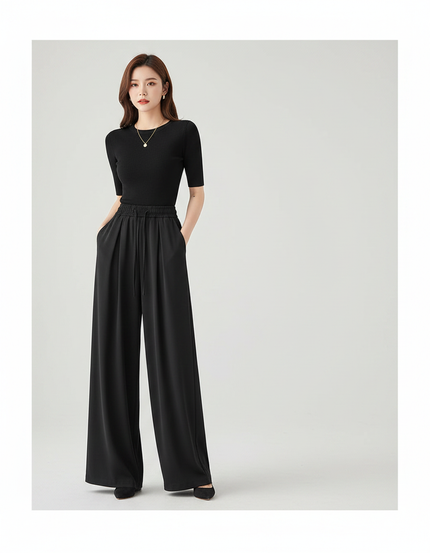 Pantalon Fluide Femme Noir Palazzo Polyester Chic