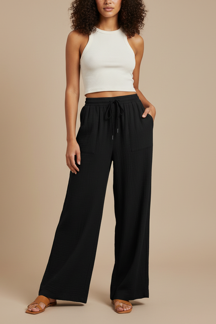 Pantalon Fluide Noir Ample Coton Décontracté Cordon