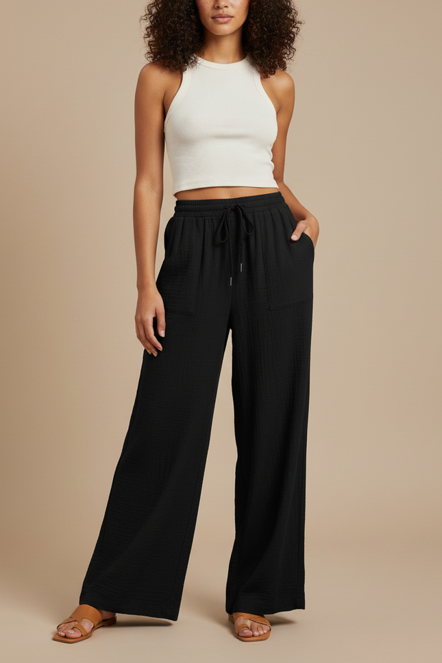 Pantalon Fluide Noir Ample Coton Décontracté Cordon