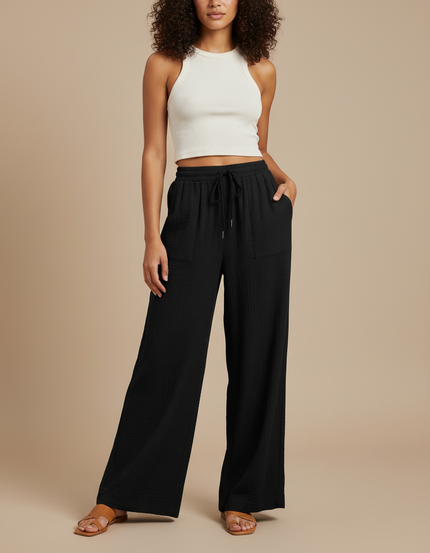 Pantalon Fluide Noir Ample Coton Décontracté Cordon