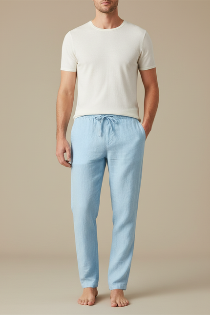 Pantalon Fluide Lin Bleu Clair Droit Décontracté Homme