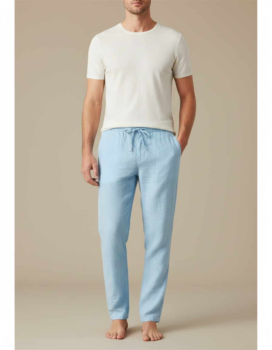 Pantalon Fluide Lin Bleu Clair Droit Décontracté Homme