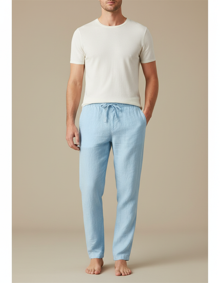 Pantalon Fluide Lin Bleu Clair Droit Décontracté Homme