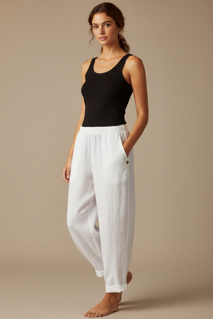 Pantalon Fluide Blanc Ample Lin Décontracté Confortable