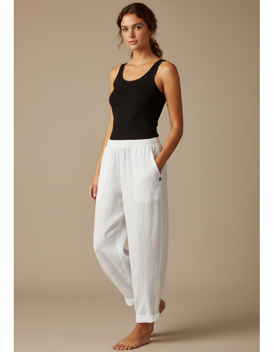 Pantalon Fluide Blanc Ample Lin Décontracté Confortable