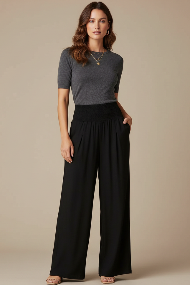 Pantalon Fluide Noir Ample Taille Haute Casual - Viscose