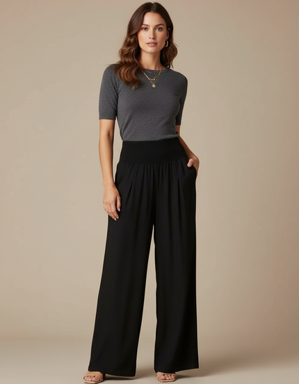 Pantalon Fluide Noir Ample Taille Haute Casual - Viscose