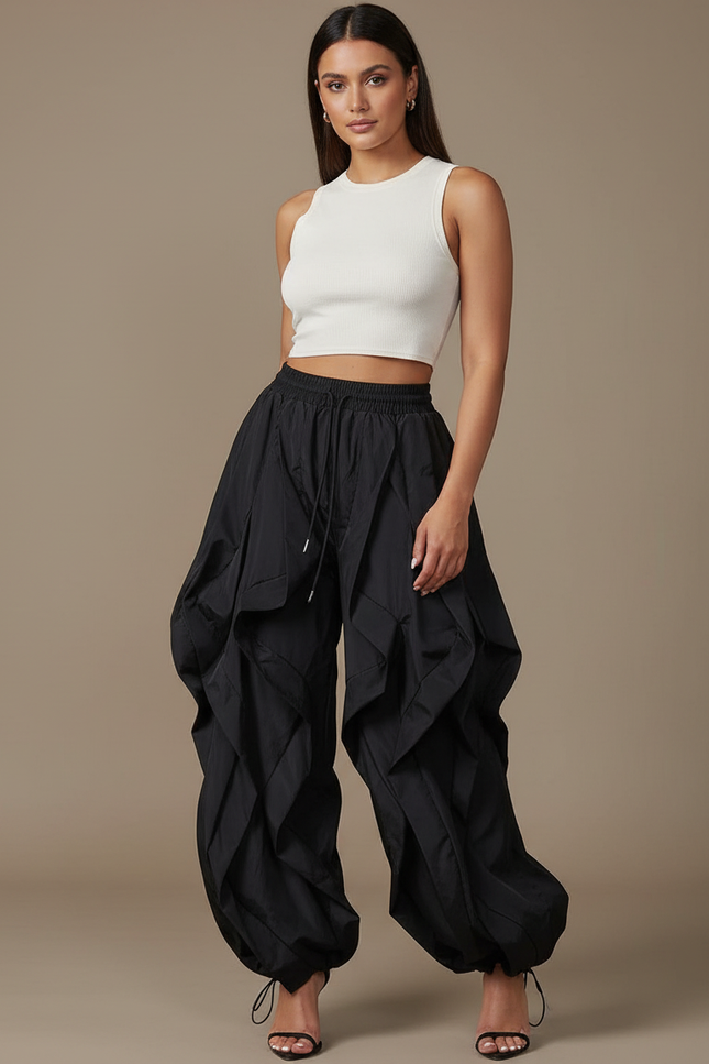 Pantalon Fluide Noir Ample Cargo Plissé Ajustable - Polyester