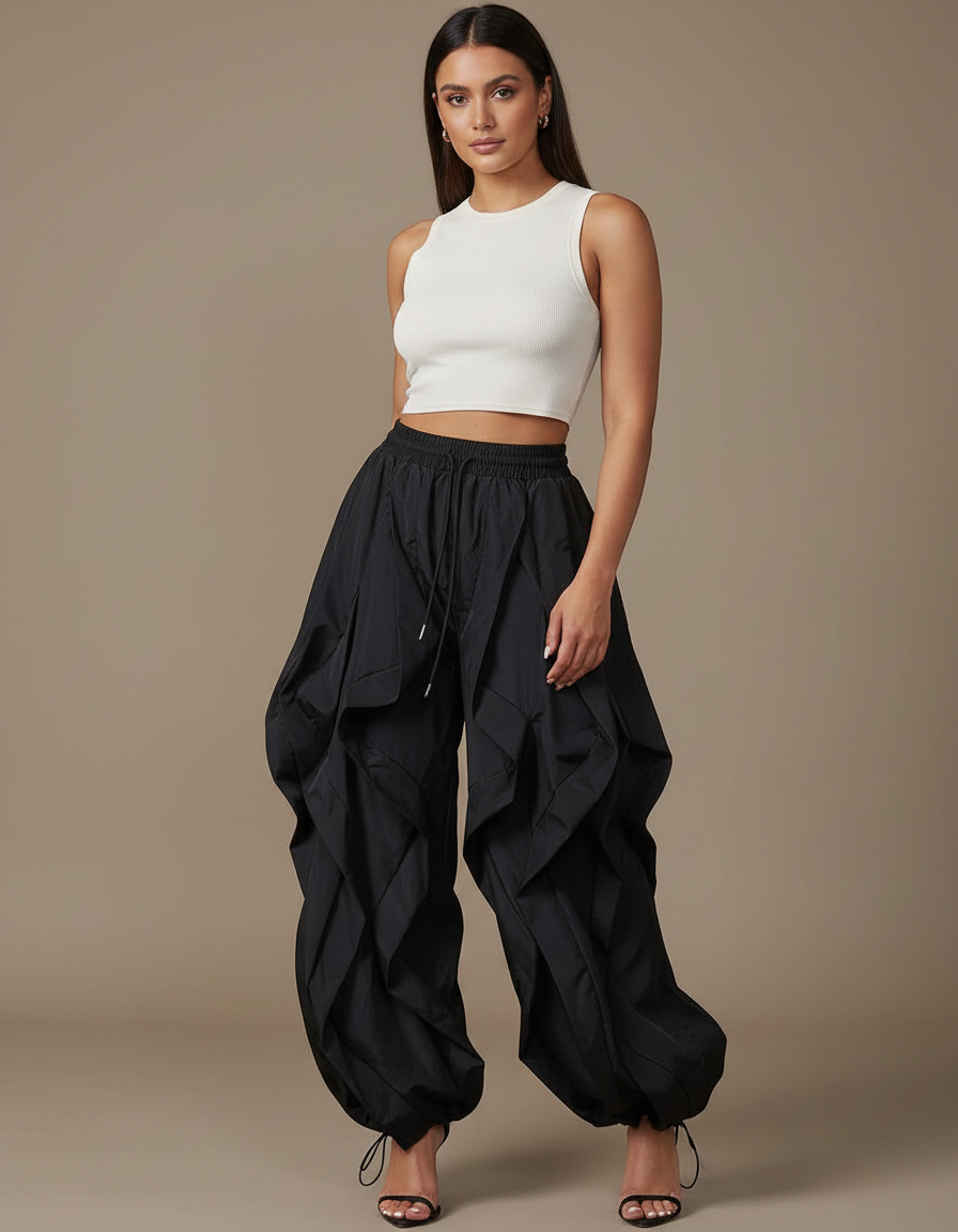 Pantalon Fluide Noir Ample Cargo Plissé Ajustable - Polyester