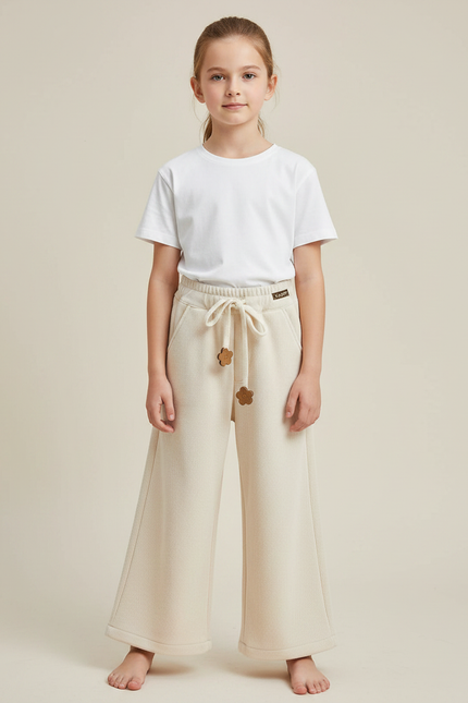 Pantalon Fluide Crème Côtelé Ample Décontracté Fille - Beige Cordé