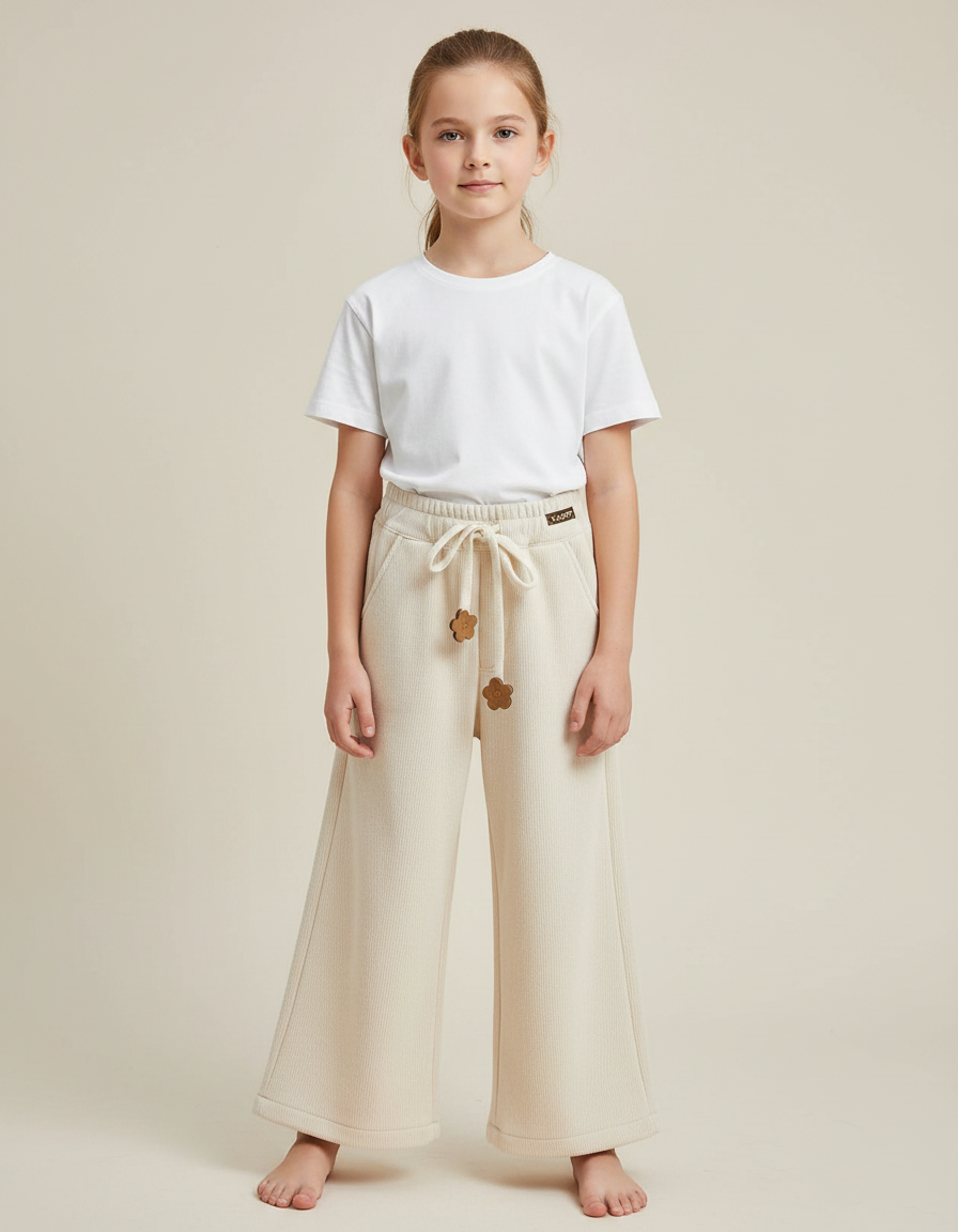Pantalon Fluide Crème Côtelé Ample Décontracté Fille - Beige Cordé