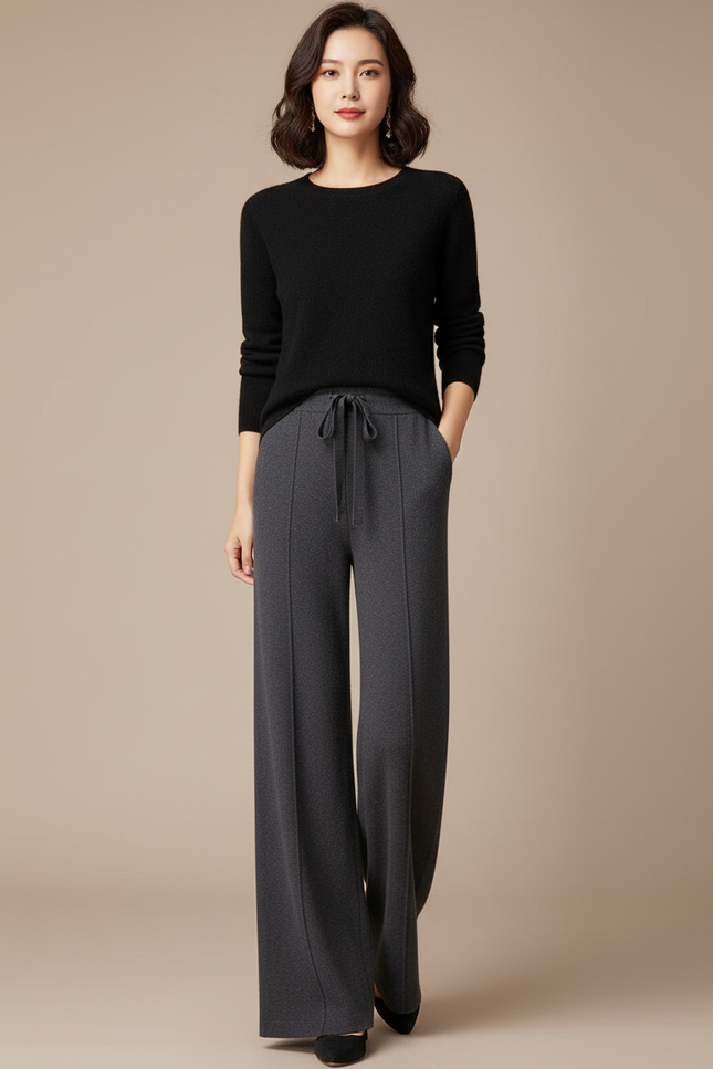Pantalon Fluide Gris Ample Maille Laine Casual