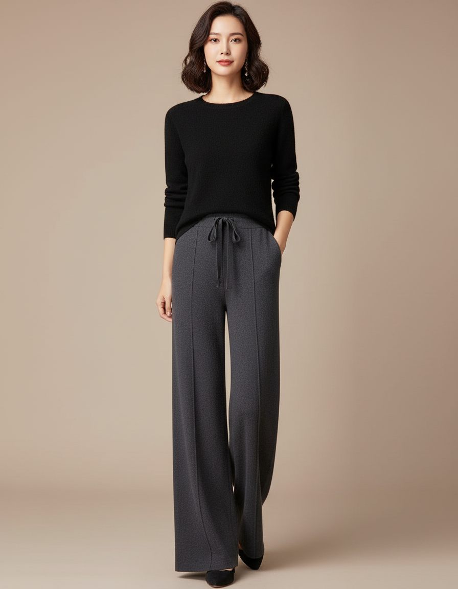 Pantalon Fluide Gris Ample Maille Laine Casual