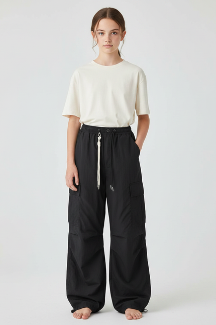 Pantalon Fluide Noir Ample Cargo Décontracté - Polyester