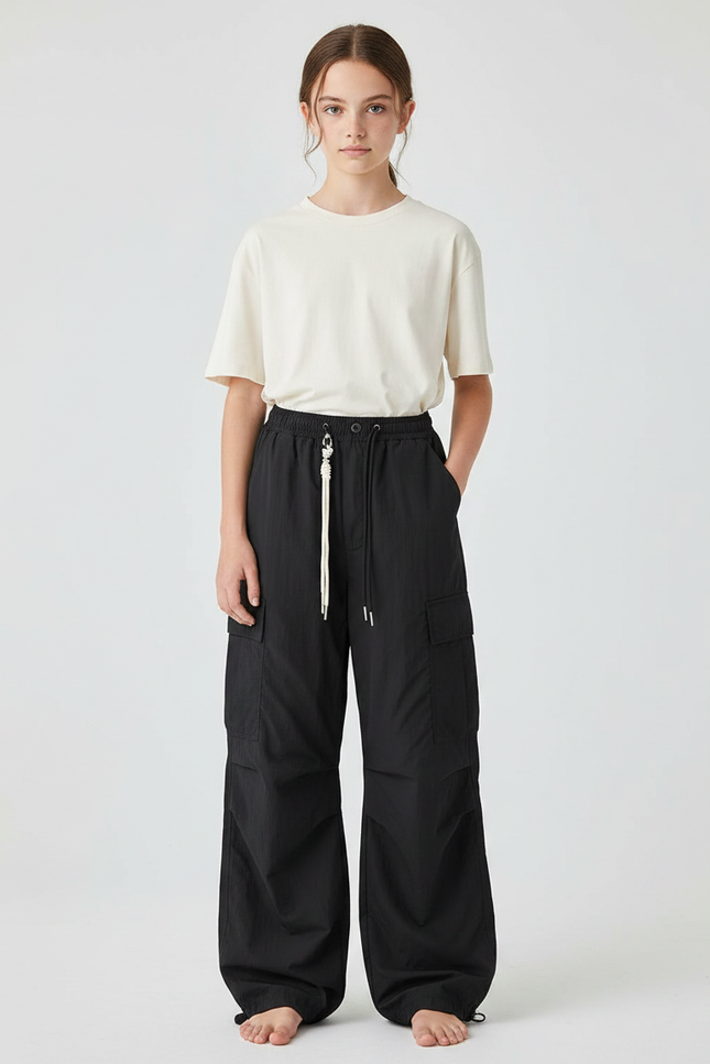 Pantalon Fluide Noir Ample Cargo Décontracté - Polyester