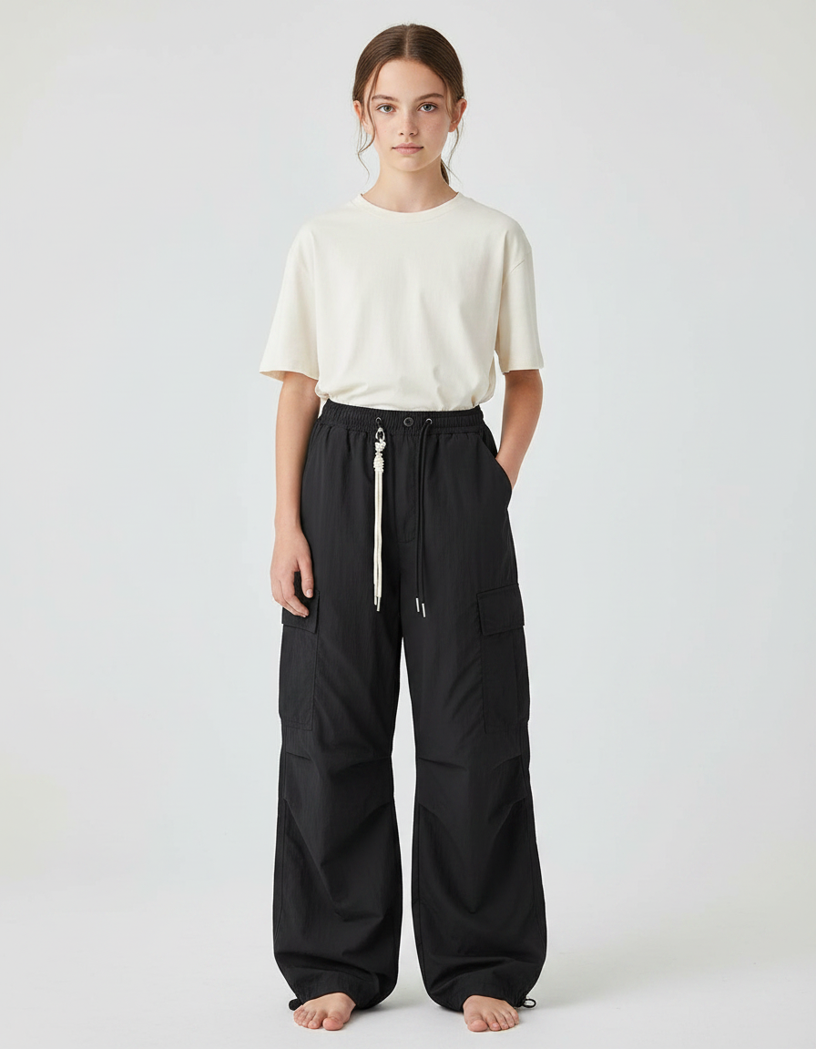 Pantalon Fluide Noir Ample Cargo Décontracté - Polyester