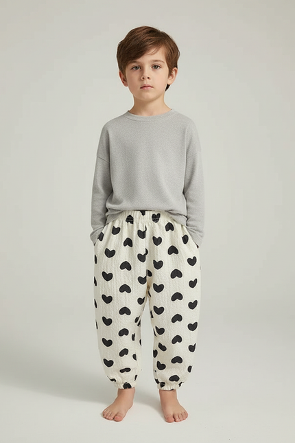 Pantalon Fluide Écru Cœurs Noirs Ample Léger Enfant - Imprimé Coton