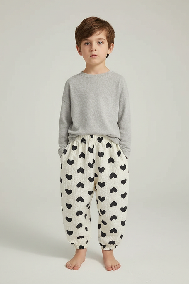 Pantalon Fluide Écru Cœurs Noirs Ample Léger Enfant - Imprimé Coton