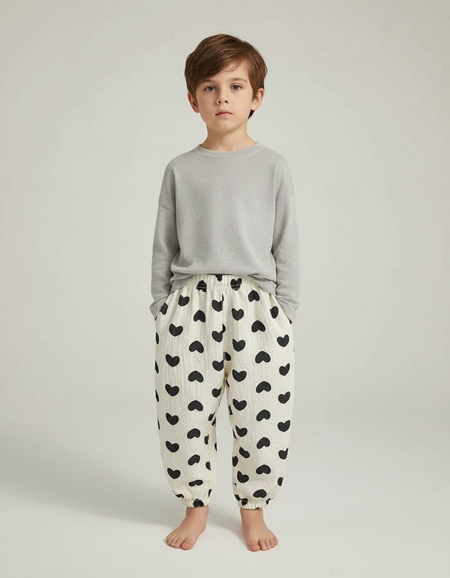 Pantalon Fluide Écru Cœurs Noirs Ample Léger Enfant - Imprimé Coton