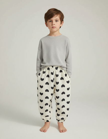 Pantalon Fluide Écru Cœurs Noirs Ample Léger Enfant - Imprimé Coton