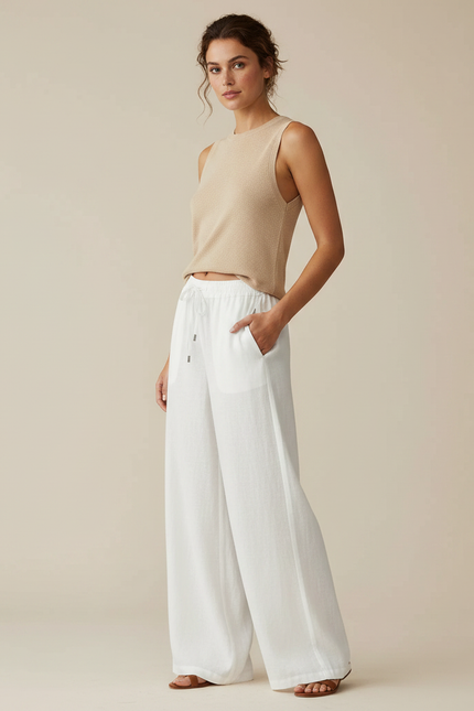 Pantalon Fluide Blanc Lin Ample Cordon Respirant