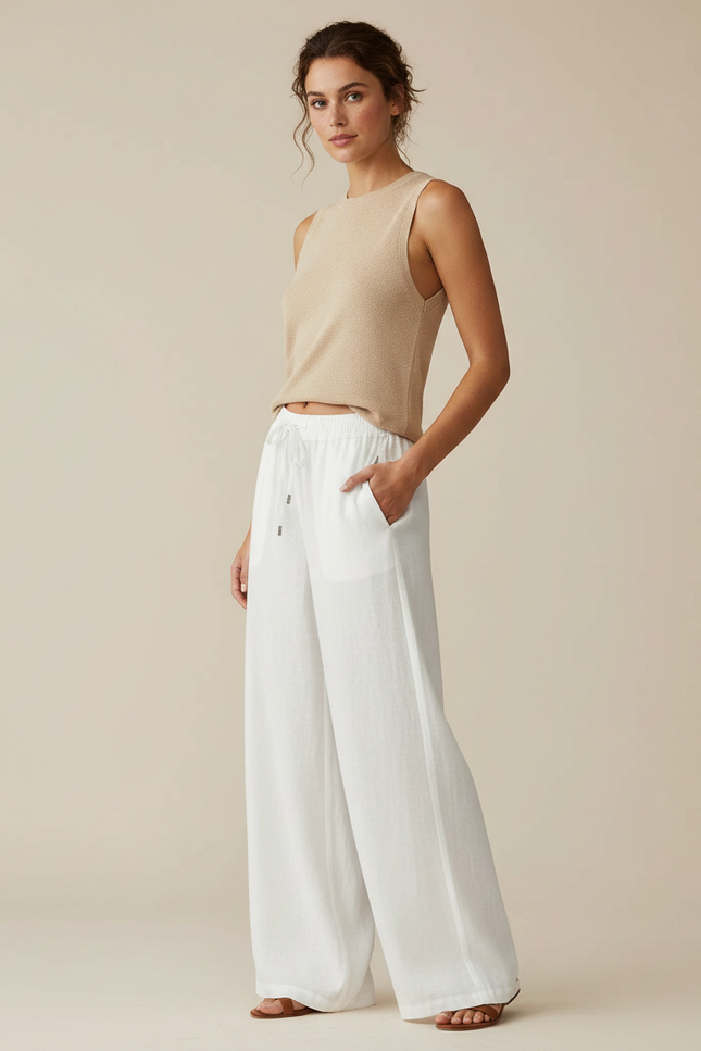 Pantalon Fluide Blanc Lin Ample Cordon Respirant