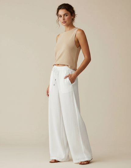 Pantalon Fluide Blanc Lin Ample Cordon Respirant
