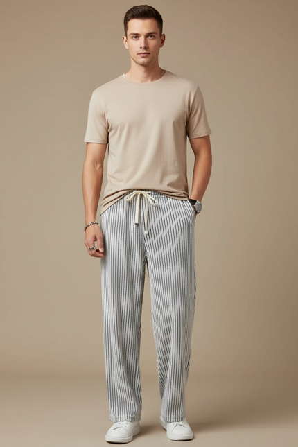 Pantalon Fluide Rayé Droit Décontracté Homme Cordon - Imprimé Maille