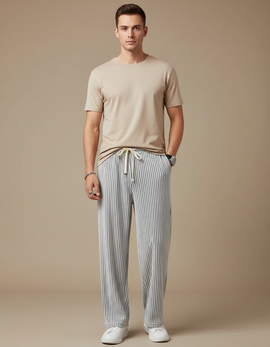 Pantalon Fluide Rayé Droit Décontracté Homme Cordon - Imprimé Maille