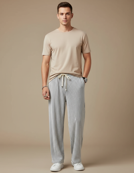 Pantalon Fluide Rayé Droit Décontracté Homme Cordon - Imprimé Maille
