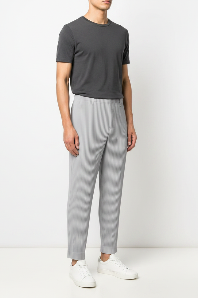 Pantalon Fluide Gris Plissé Droit Décontracté Homme - Polyester