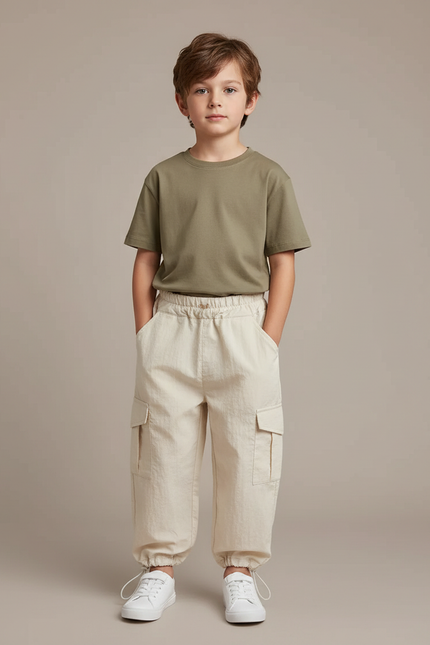 Pantalon Fluide Beige Coton Cargo Décontracté Garçon