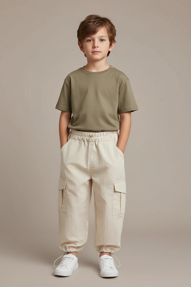 Pantalon Fluide Beige Coton Cargo Décontracté Garçon