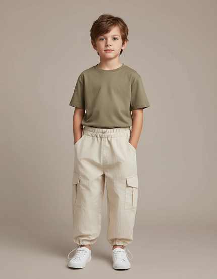 Pantalon Fluide Beige Coton Cargo Décontracté Garçon