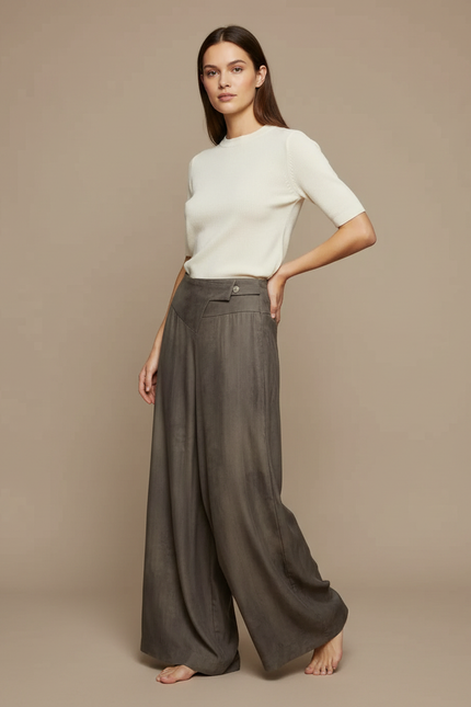 Pantalon Fluide Marron Ample Taille Haute Asymétrique Élégant - Viscose