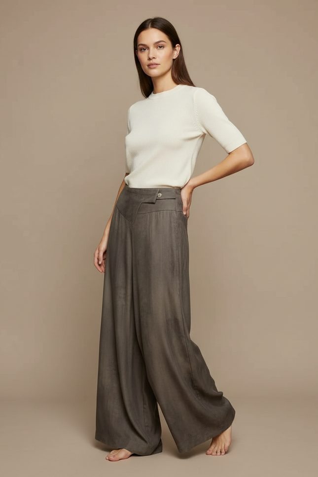Pantalon Fluide Marron Ample Taille Haute Asymétrique Élégant - Viscose