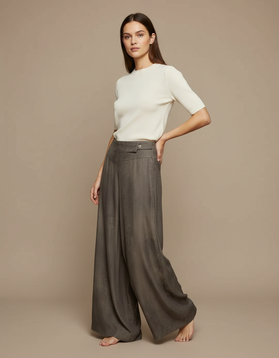 Pantalon Fluide Marron Ample Taille Haute Asymétrique Élégant - Viscose
