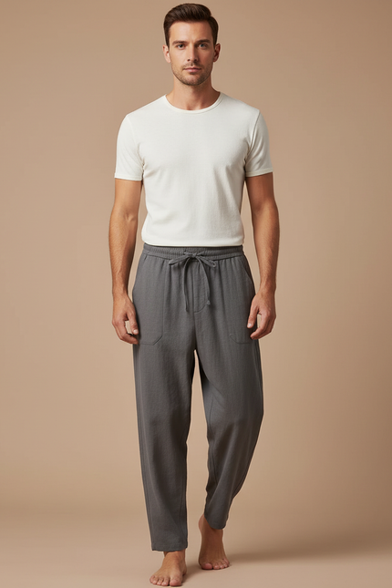 Pantalon Fluide Gris Ample Cordon Coton Homme - Lin